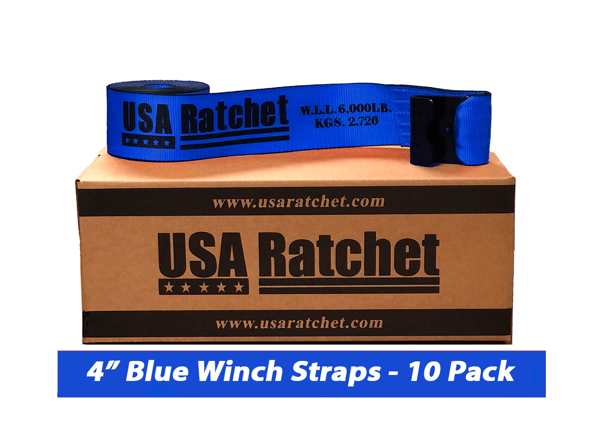 10 Pack - 4" Winch Strap with Flat Hook - Blue