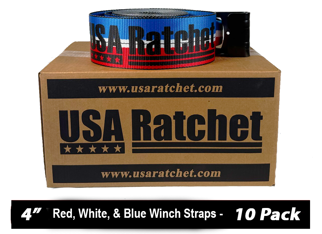 10 Pack - 4 Winch Strap with Flat Hook - Red, White, Blue