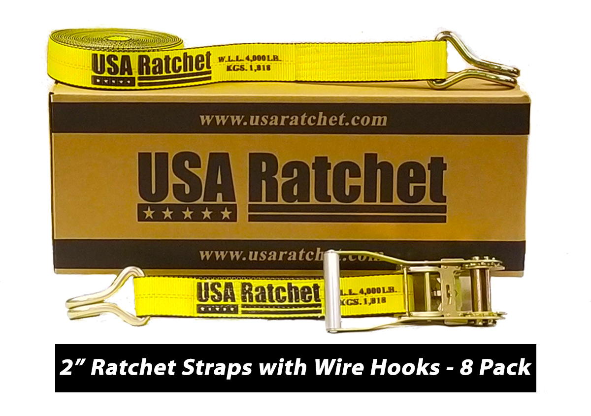 8 Pack - 2" SPIN FREE Ratchet Strap with Wire Hooks