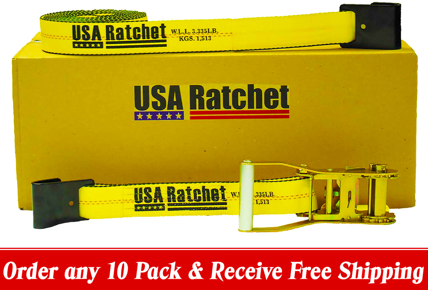 USA Ratchet 2" Ratchet Strap with Flat Hooks 10 Pack Made in the USA